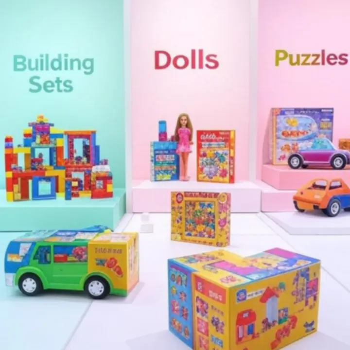 Kleurige collage van verschillende speelgoedcategorieën