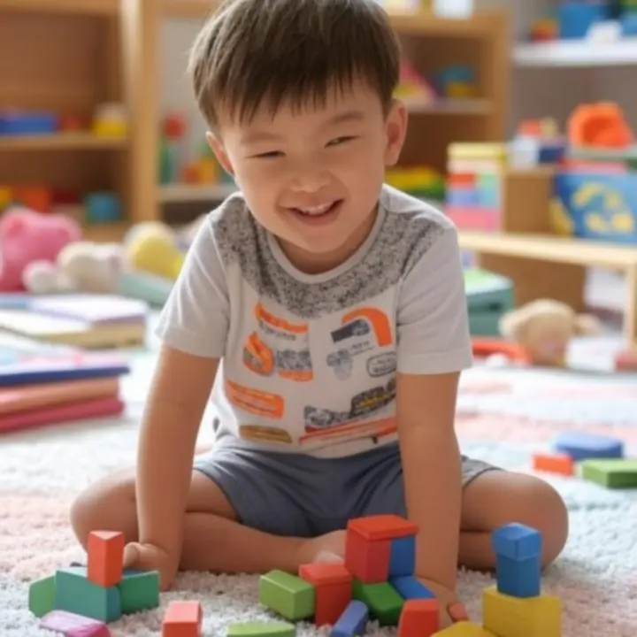 Kind dat met kleurrijke houten blokken speelt