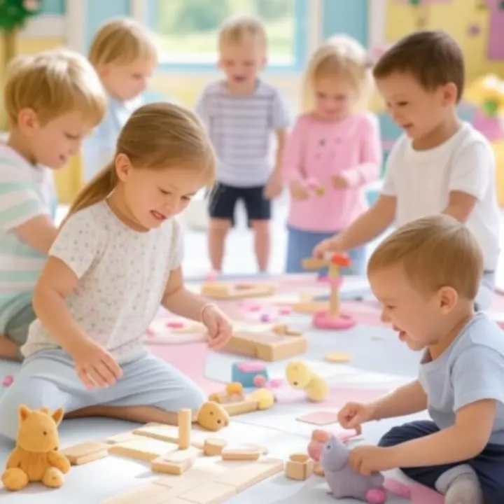 Kinderen die enthousiast met speelgoed spelen in een kleurrijke speelhoek