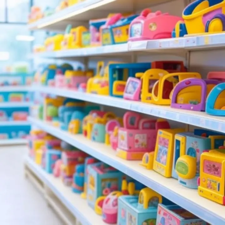 Kleurrijke speelgoedplanken vol vrolijke speelgoeddozen