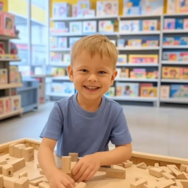 Vrolijke illustratie van speelgoedcategorieën met kleurrijke blokken, poppen en puzzels
