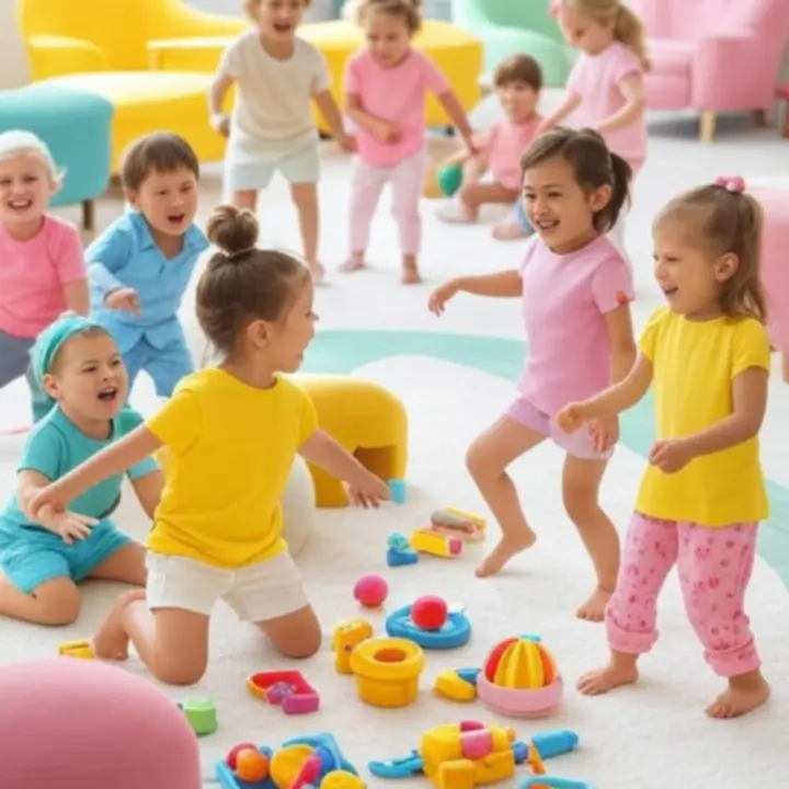 Kinderen die vrolijk spelen in een kleurrijke speelkamer