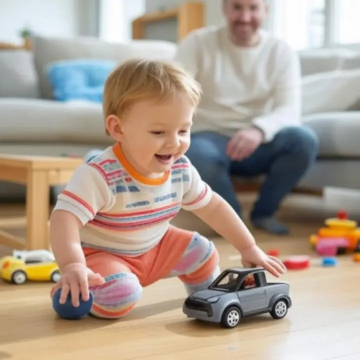 Kind speelt vrolijk met een kleurrijke knikkerbaan terwijl een ouder toekijkt