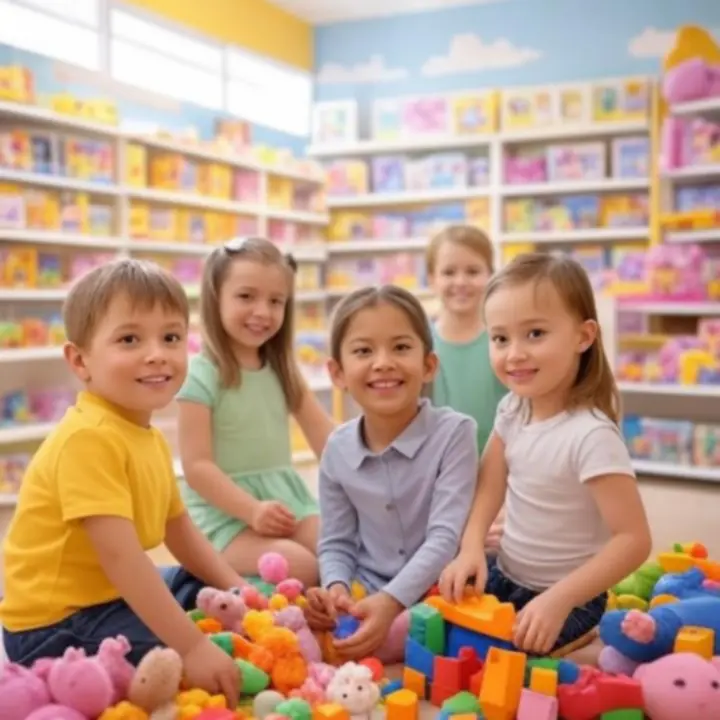 Ouders bekijken vrolijke speelgoedreviews op een tablet terwijl een kind met speelgoed speelt.