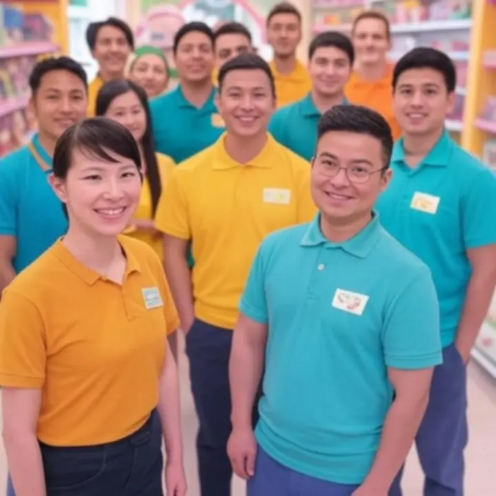 Het KidToyora team lachend tussen kleurrijke speelgoedstellingen in de winkel