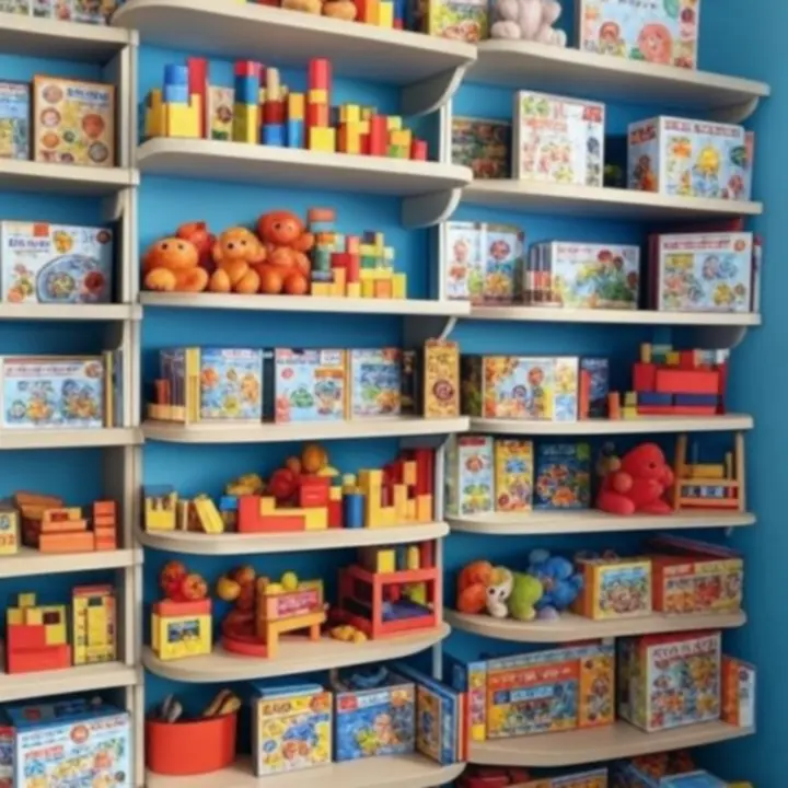 Speelgoedcollecties uitgestald op kleurrijke planken