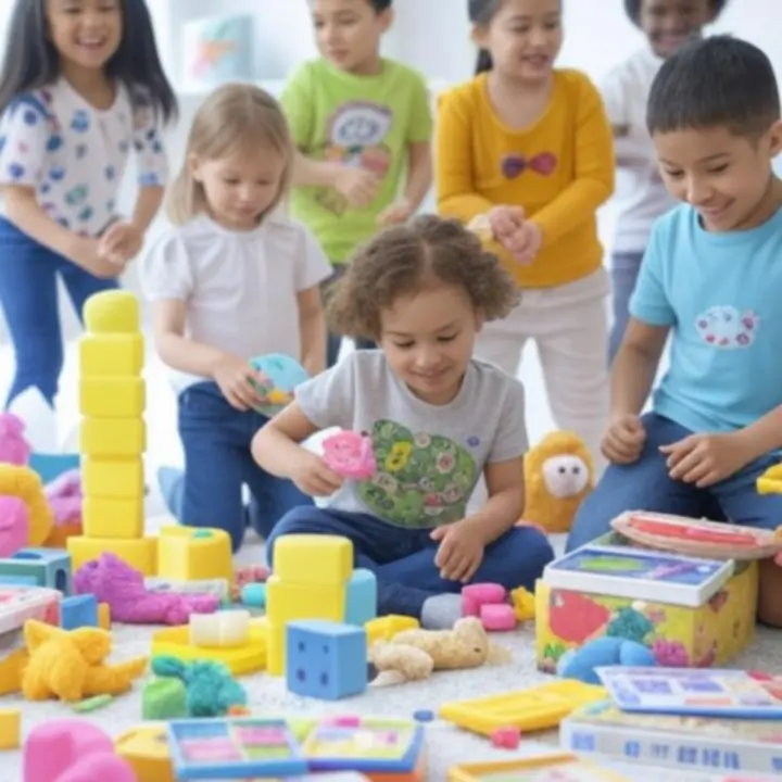 Blije kinderen die spelen met kleurrijk speelgoed
